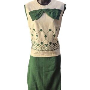 50's 60's Elegant Green and Cream Big Bow Embroidered Top and skirt Set